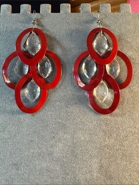 Bold Red Statement Dangle Earrings with Clear Crystal Drops
